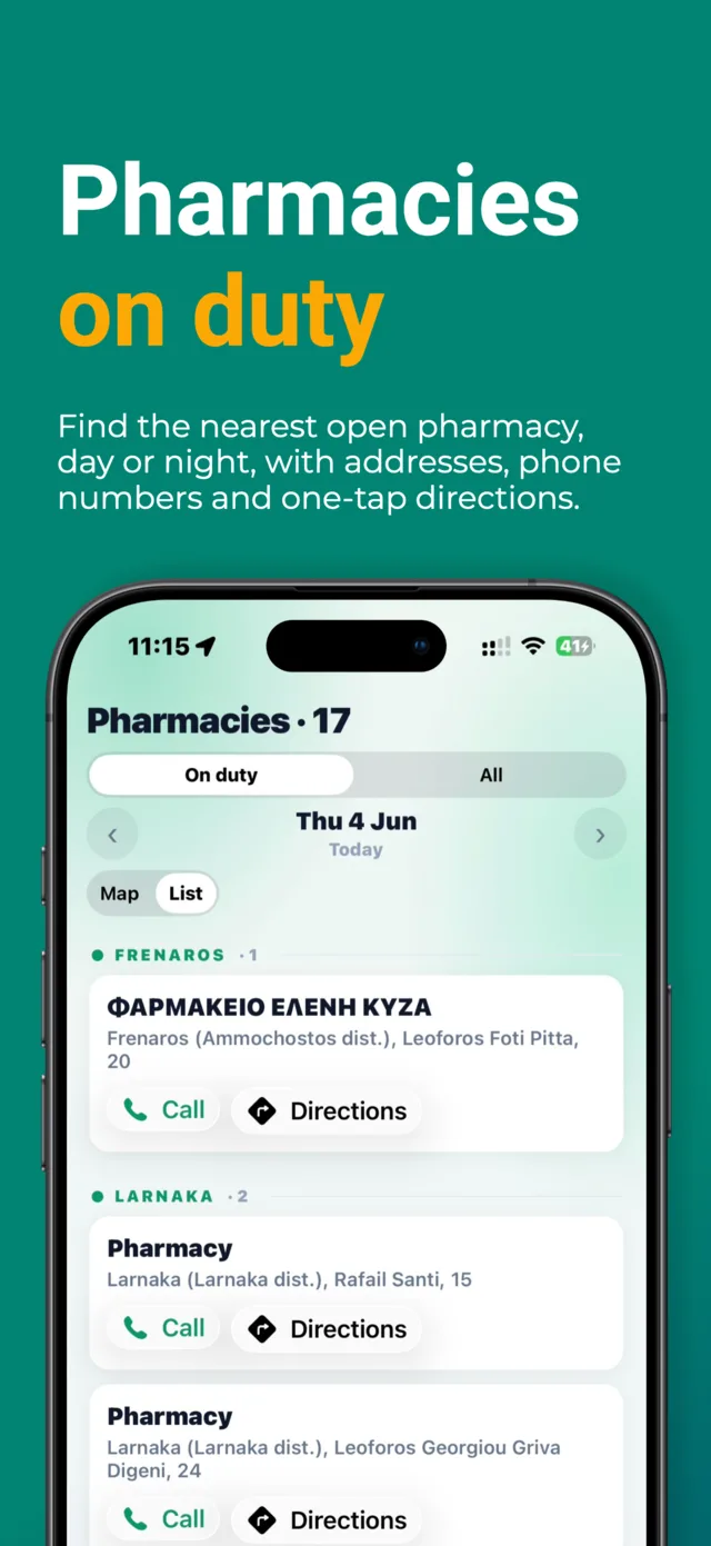 On-duty pharmacies with addresses, phone numbers and directions