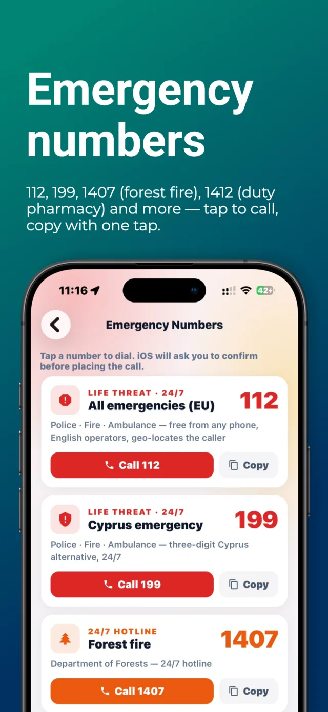 Emergency numbers — one tap to call